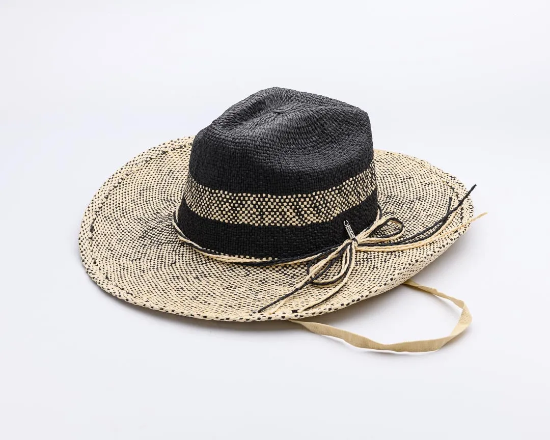 Let's GO, Handwoven Two Tone Natural and Black Paper Hat - UPF 30, BLACK